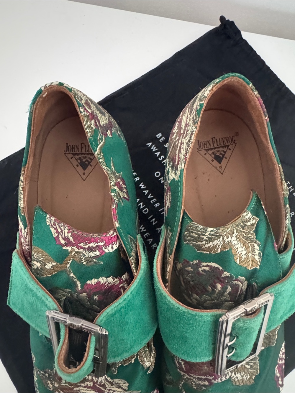 John Fluevog Bishop Green Floral Jaquard Suede Strap Heels - Picture 8 of 8